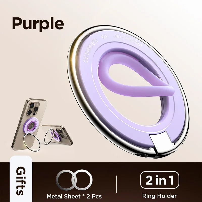 Purple Joyroom magnetic phone ring holder with 2-in-1 grip and kickstand, shown on iPhones with included dual metal sheets